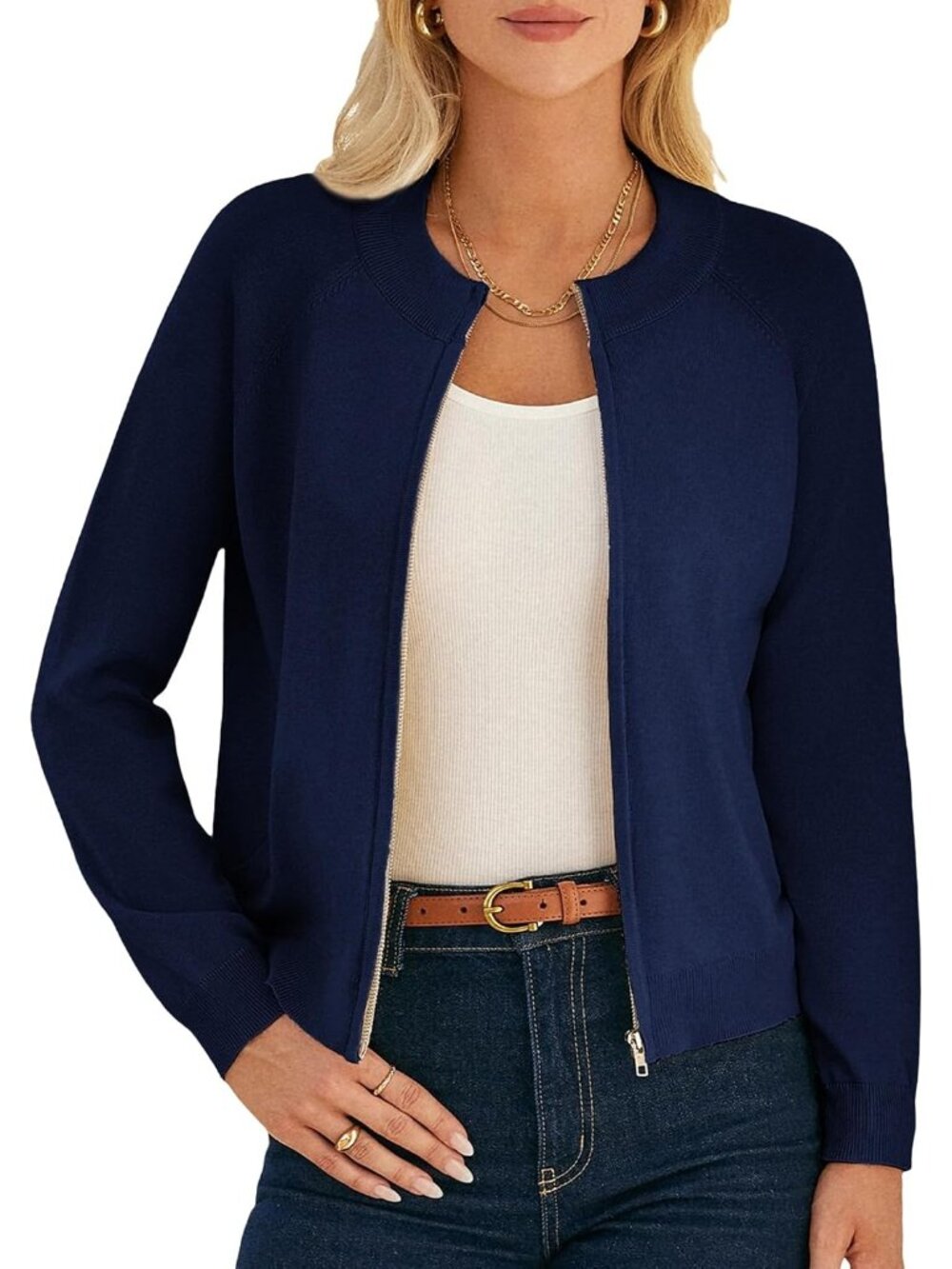 〽️Women Navy Blue Long Sleeve Zip Up Cardigan Lightweight Knitted Sweater Jacket
